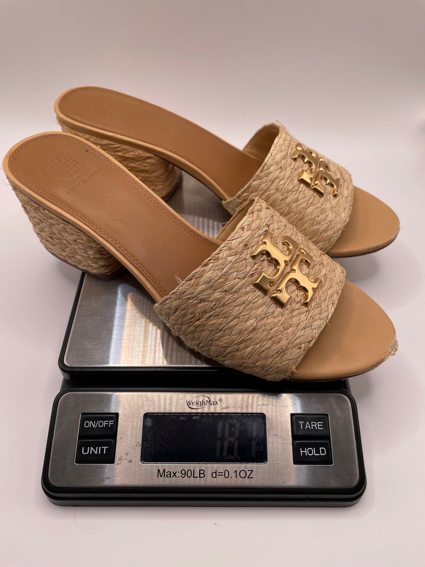 Tan Tory Burch Sandal Raffia Gold Logo Block Heel AS IS, 9