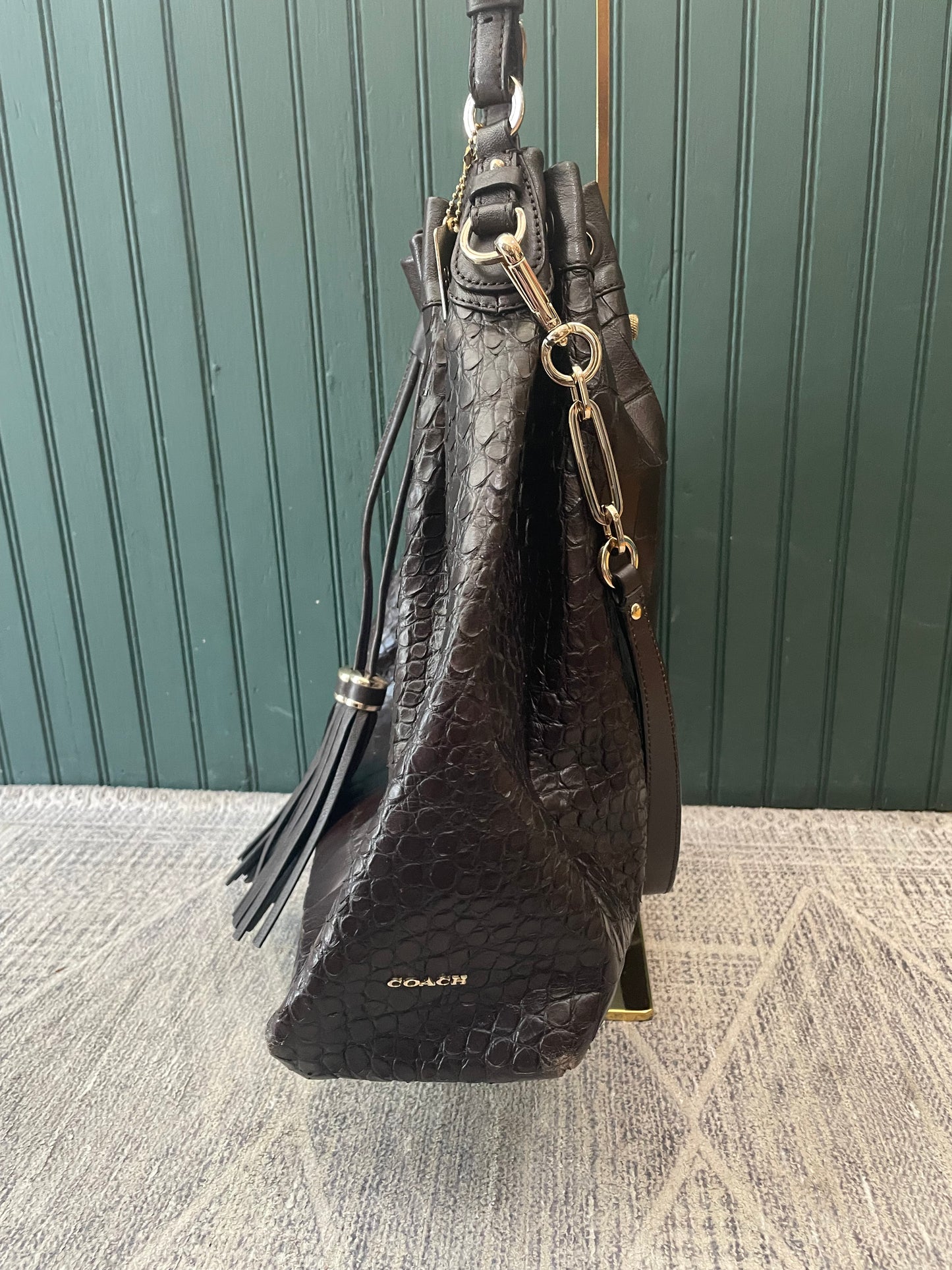 Brown, Embossed Coach Handbag Hobo Croc, Large Drawstring