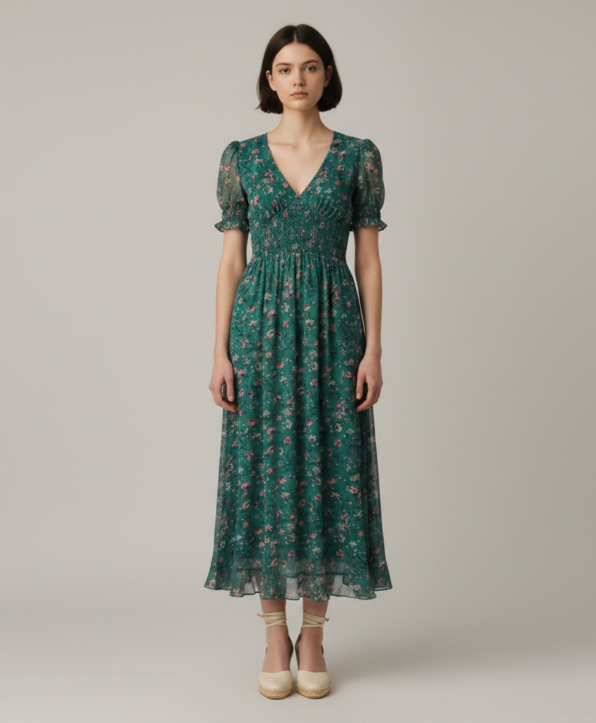 Forrest Green Floral Hill House Dress Smocked, Midi Georgia Nap, M