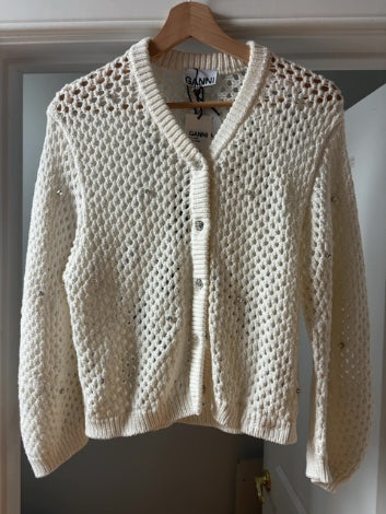 White, Rhinestones GANNI Cardigan NWT, Cotton knit/open weave , L