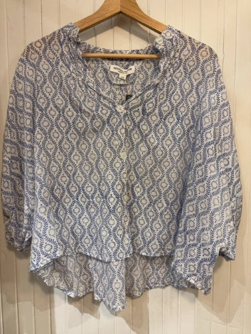 White blue Emerson Fry Short Sleeve Blouse Floral print button down, One Size