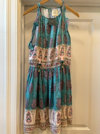 Truquoise/pink Bell Dress Black print boho , M