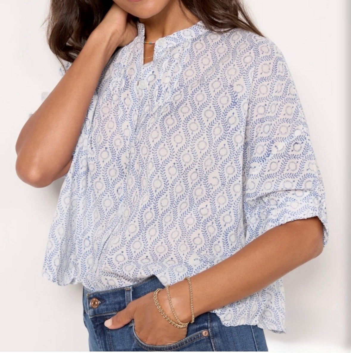 White blue Emerson Fry Short Sleeve Blouse Floral print button down, One Size