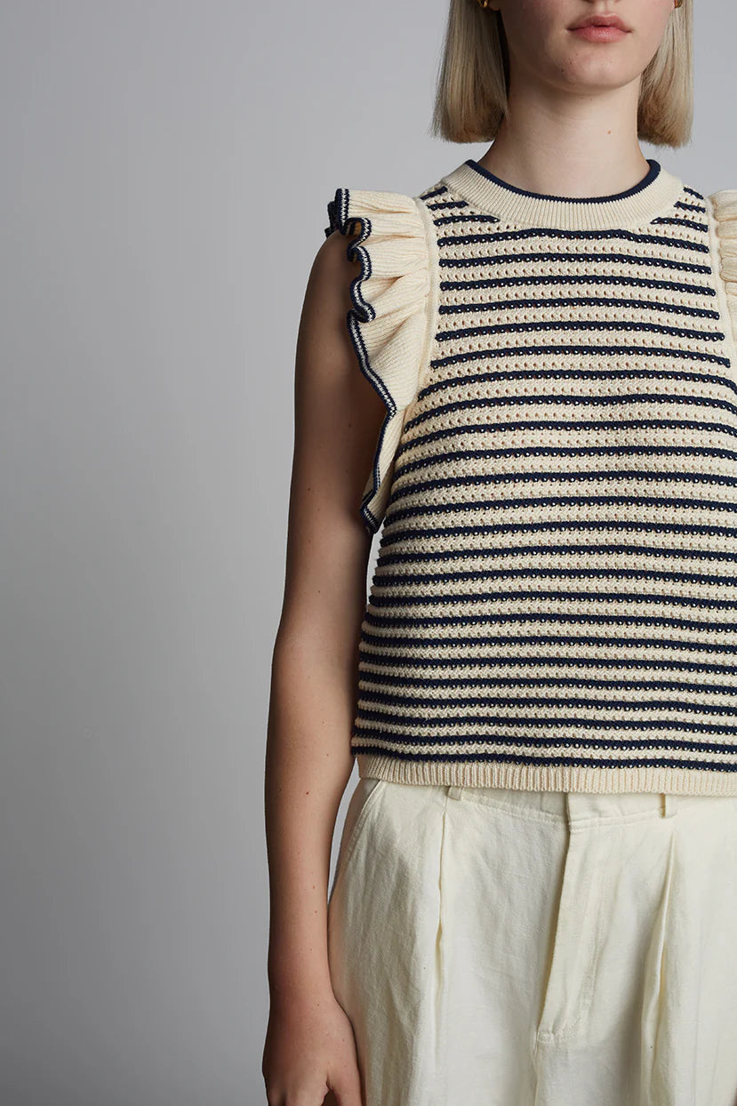Ivory Eleven Six Sleeveless Sweater Navy Stripe Open Knit Ruffle, M/L