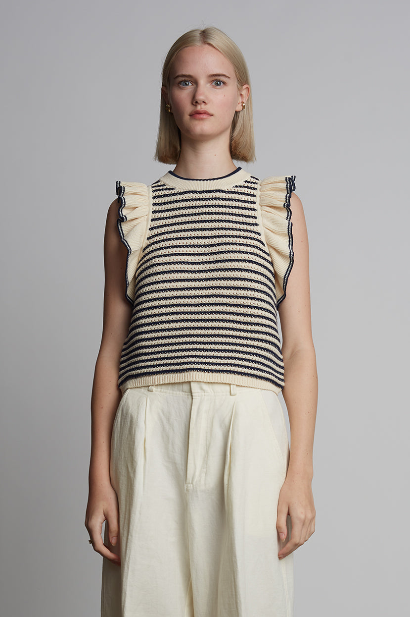 Ivory Eleven Six Sleeveless Sweater Navy Stripe Open Knit Ruffle, M/L