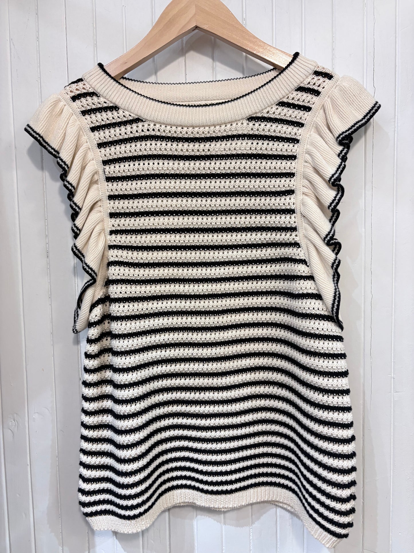 Ivory Eleven Six Sleeveless Sweater Navy Stripe Open Knit Ruffle, M/L