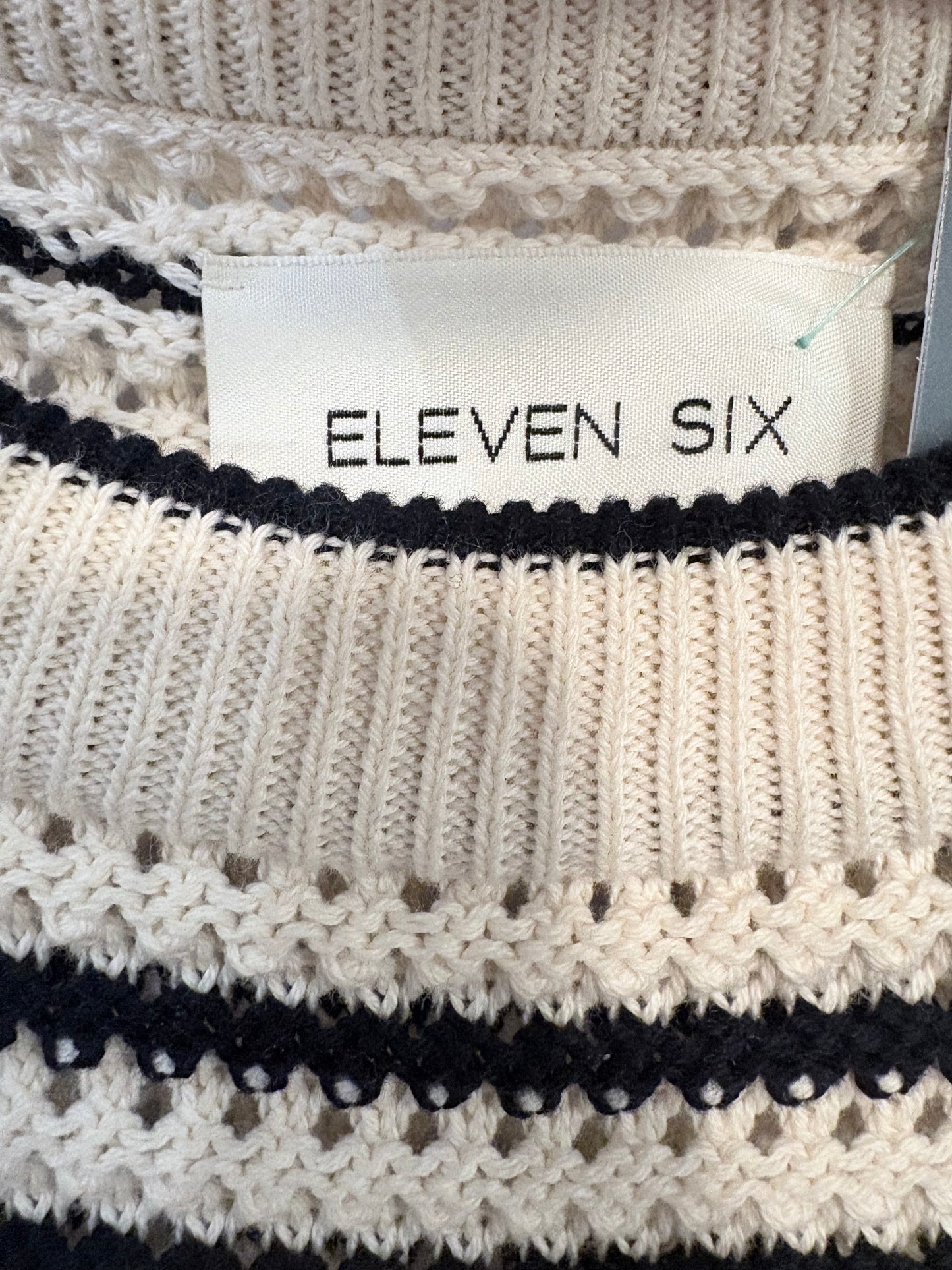 Ivory Eleven Six Sleeveless Sweater Navy Stripe Open Knit Ruffle, M/L