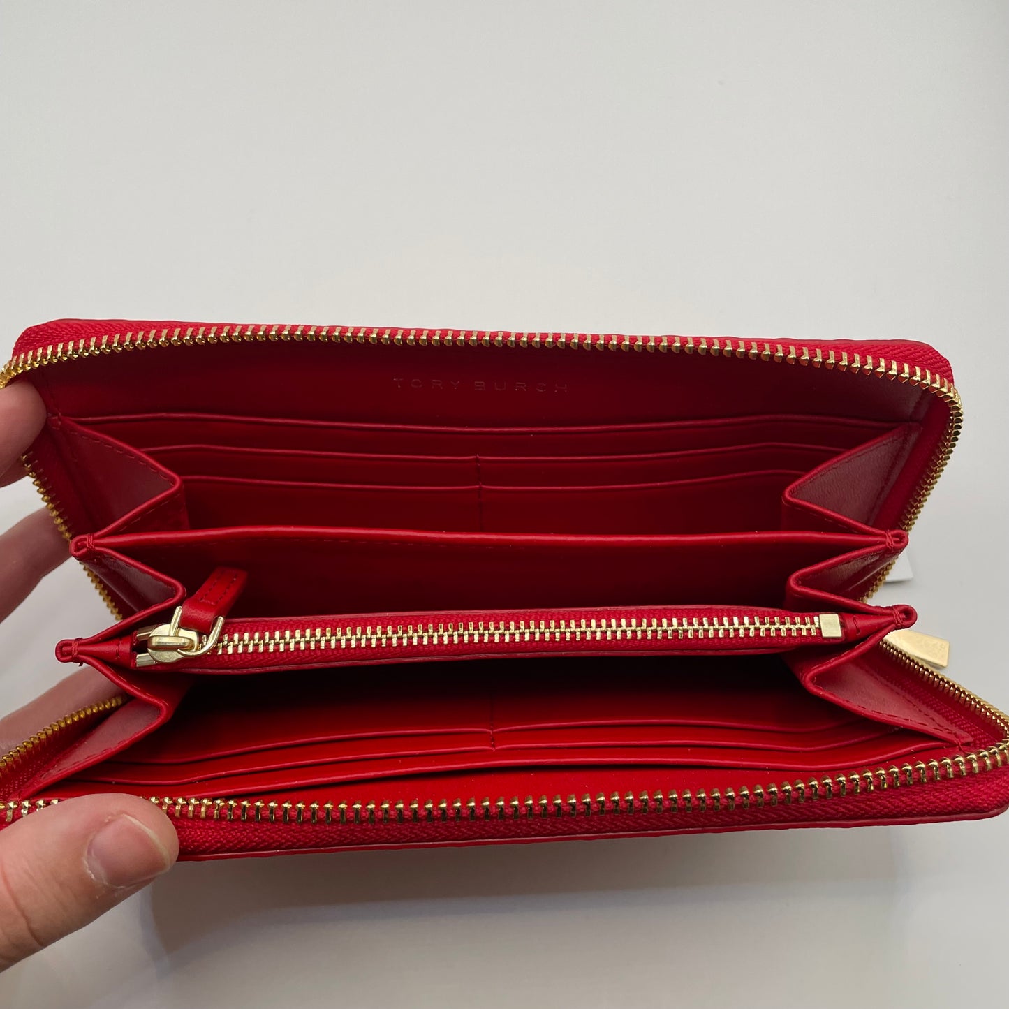 Red Embossed Tory Burch Wallet "Marion" zip around