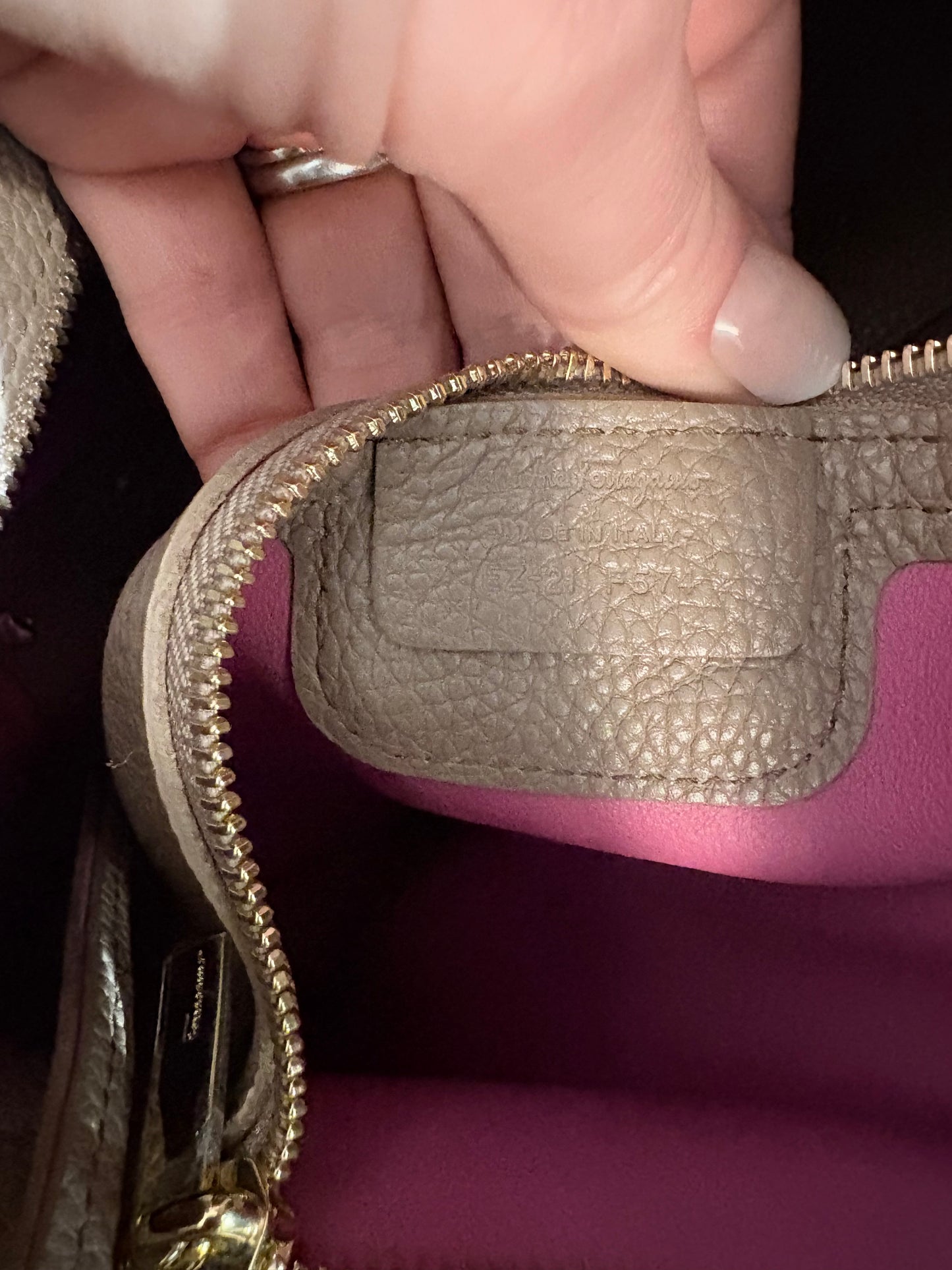 Taupe Ferragamo Handbag Pebbled Ally bag, pink lining