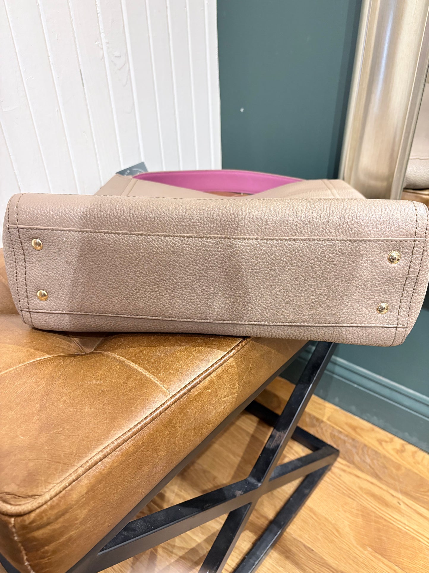 Taupe Ferragamo Handbag Pebbled Ally bag, pink lining