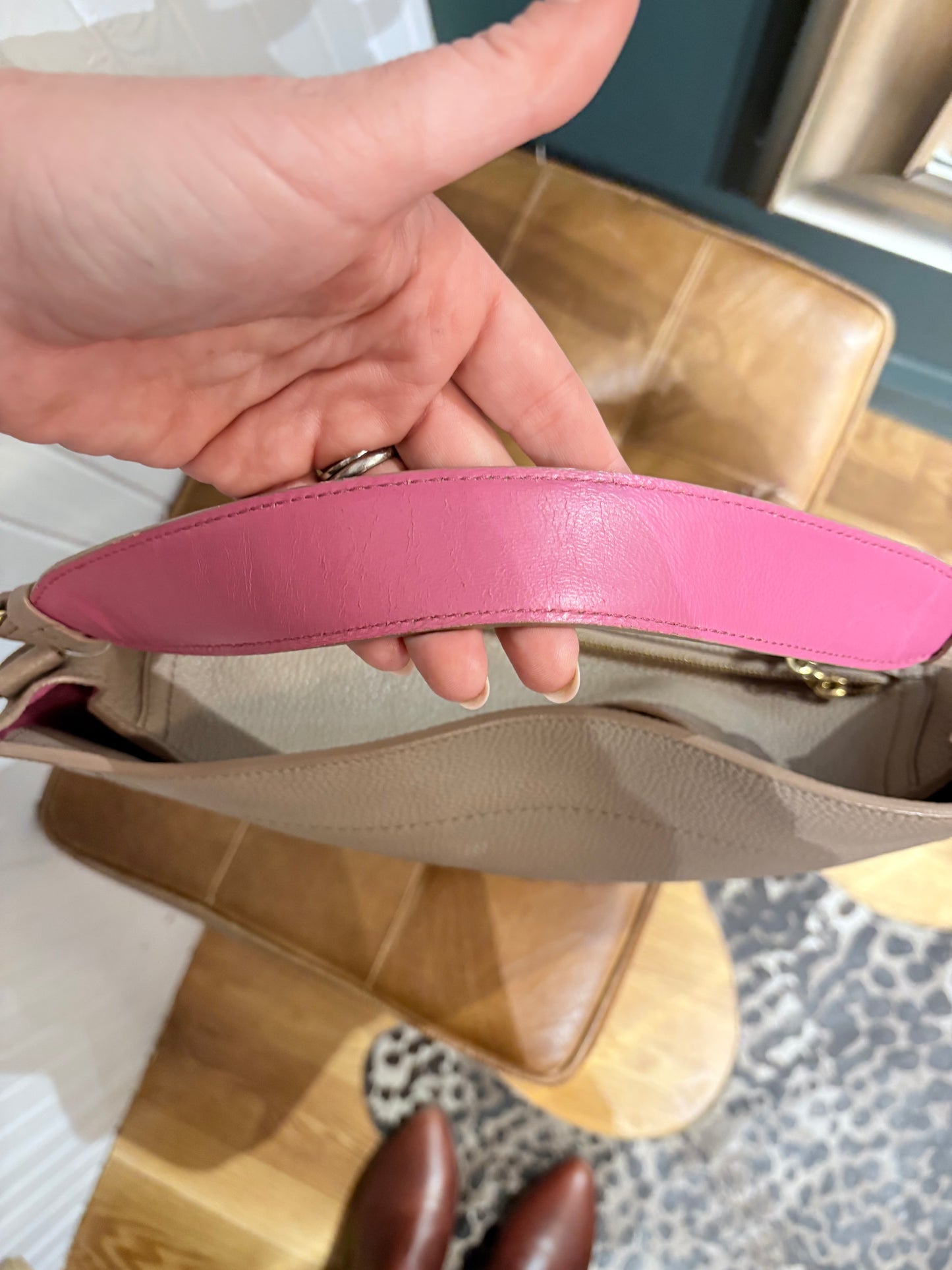 Taupe Ferragamo Handbag Pebbled Ally bag, pink lining
