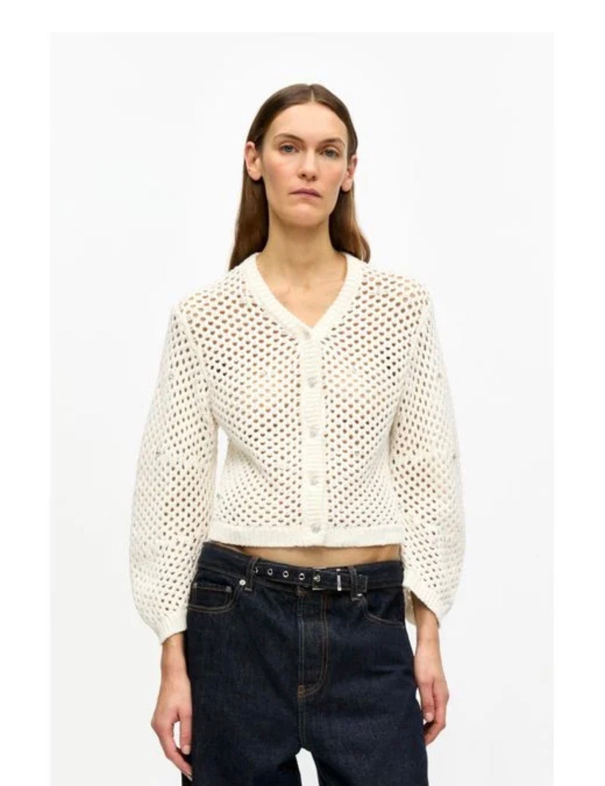 White, Rhinestones GANNI Cardigan NWT, Cotton knit/open weave , L