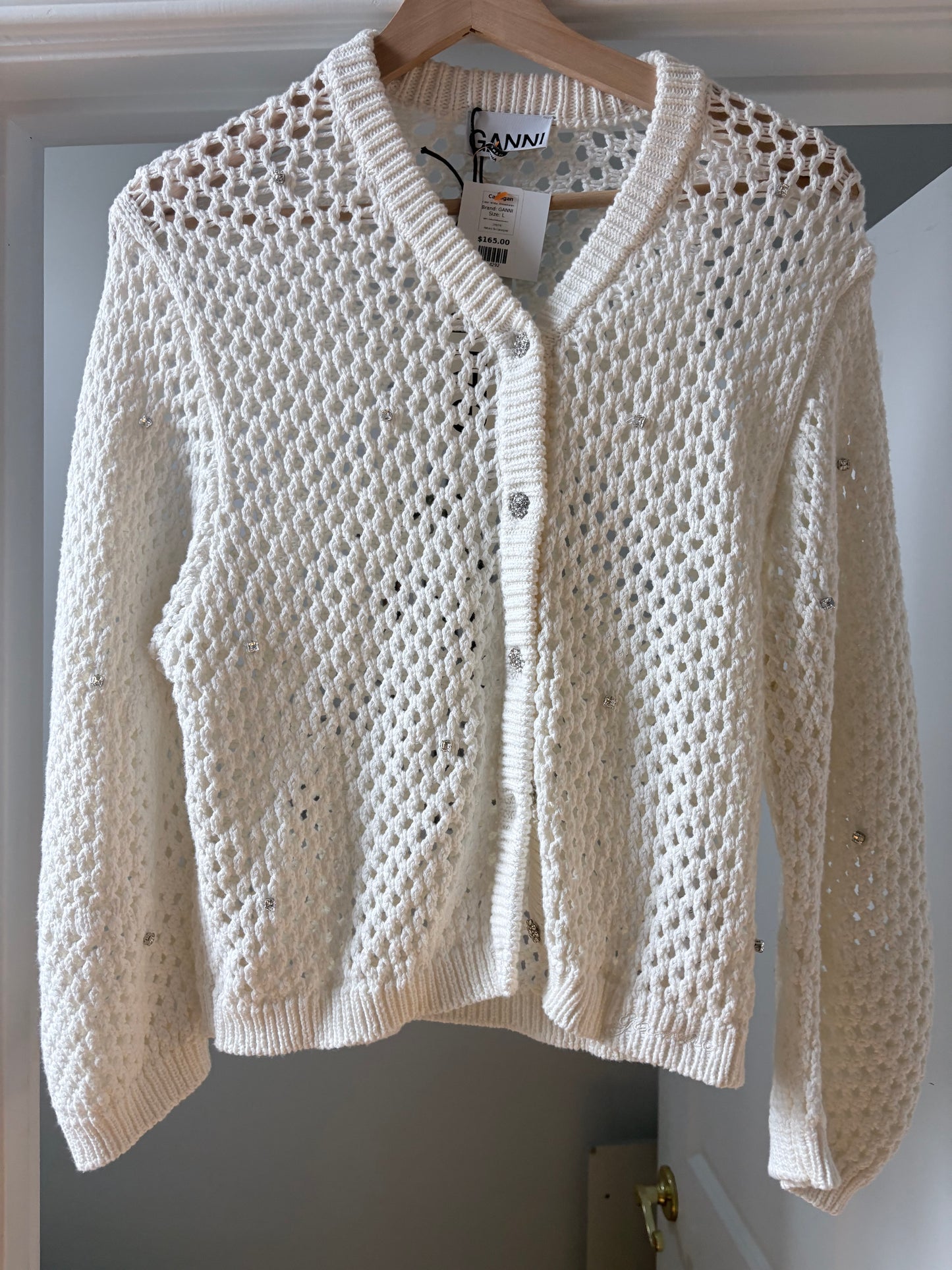 White, Rhinestones GANNI Cardigan NWT, Cotton knit/open weave , L