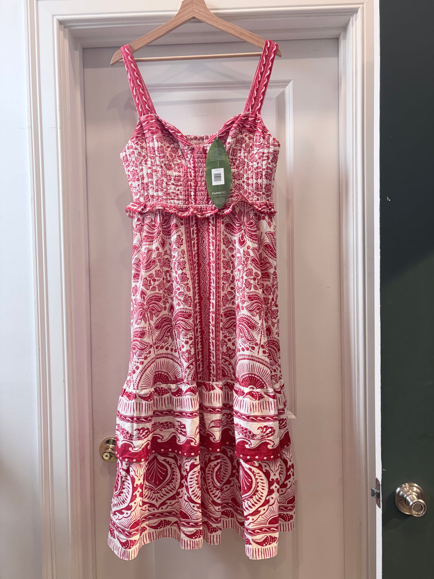 Red/Cream  Farm Rio Dress NWT, MSRP $290  River Ride Dress, L