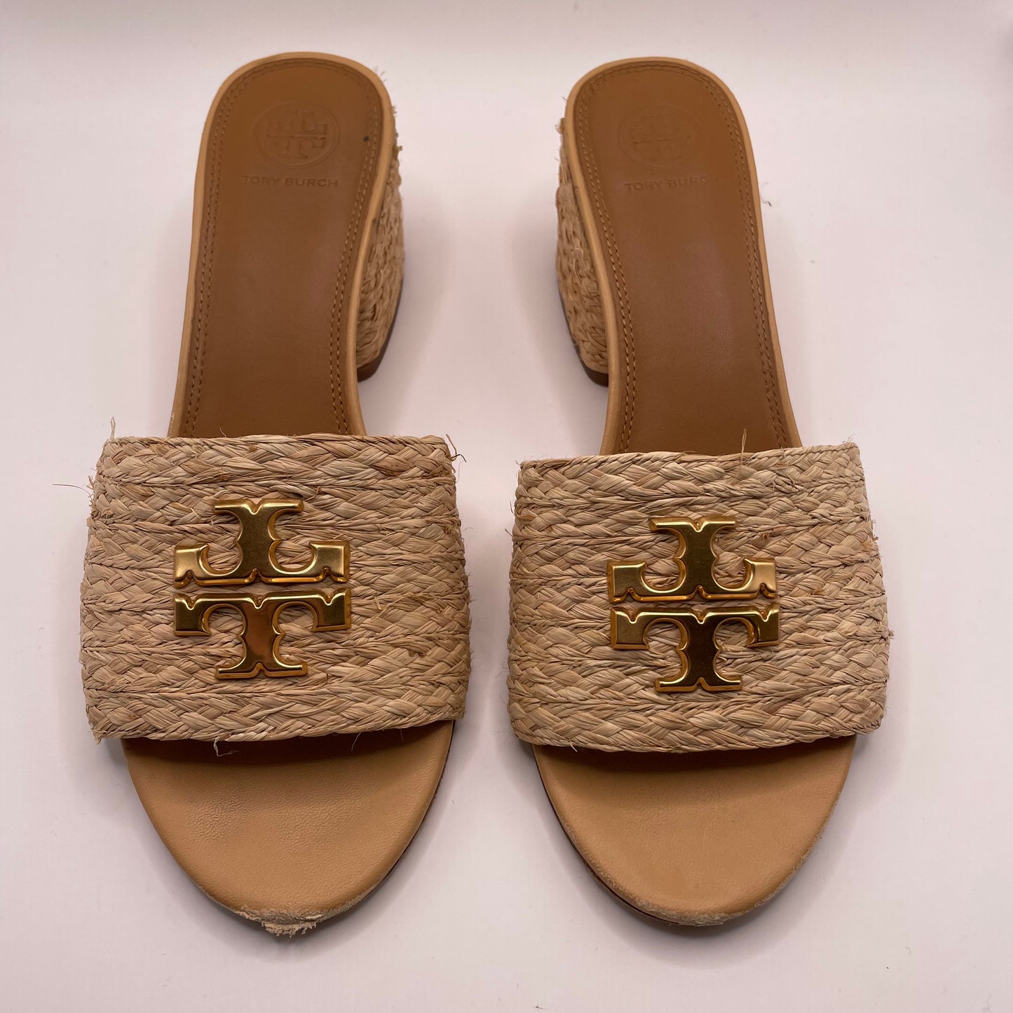 Tan Tory Burch Sandal Raffia Gold Logo Block Heel AS IS, 9