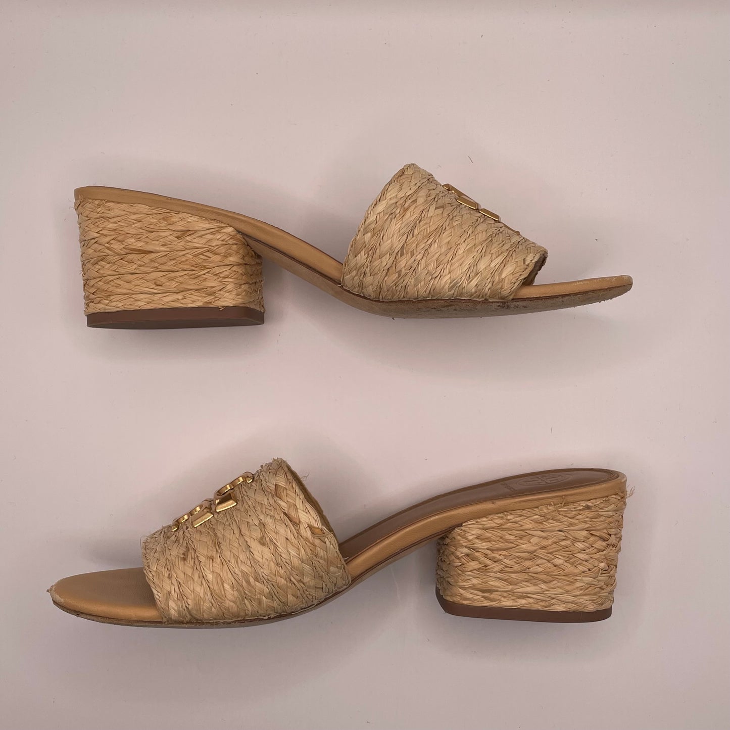 Tan Tory Burch Sandal Raffia Gold Logo Block Heel AS IS, 9