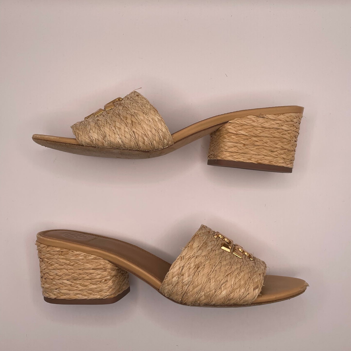 Tan Tory Burch Sandal Raffia Gold Logo Block Heel AS IS, 9