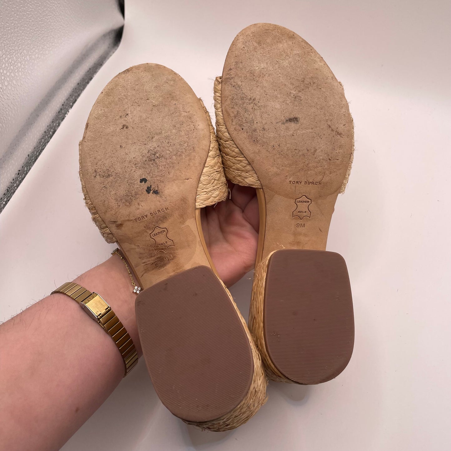 Tan Tory Burch Sandal Raffia Gold Logo Block Heel AS IS, 9