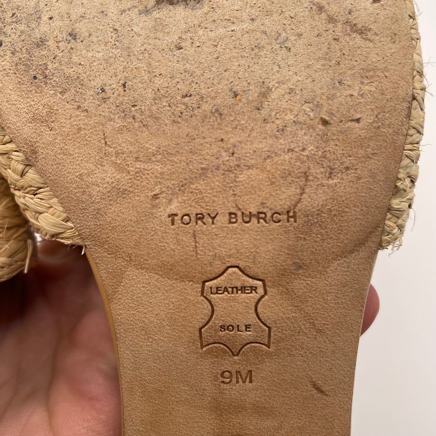 Tan Tory Burch Sandal Raffia Gold Logo Block Heel AS IS, 9
