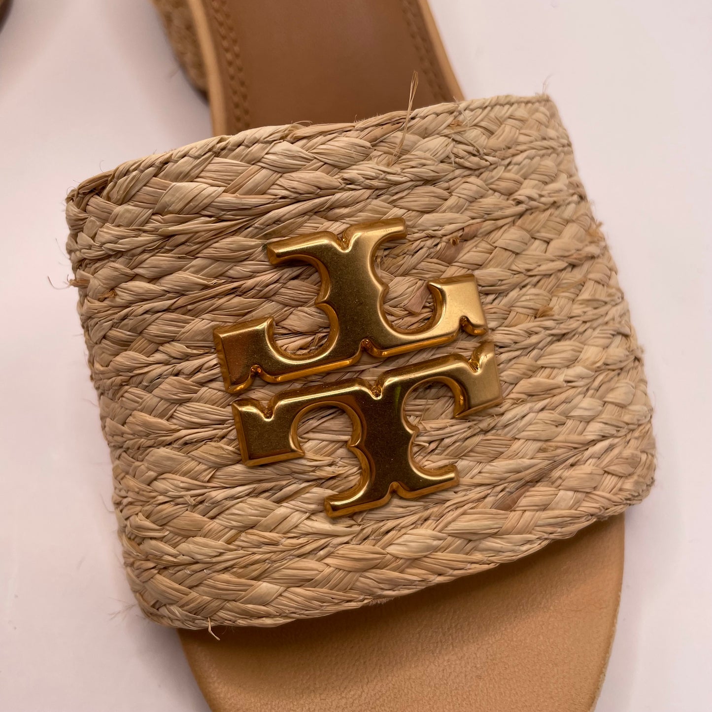 Tan Tory Burch Sandal Raffia Gold Logo Block Heel AS IS, 9