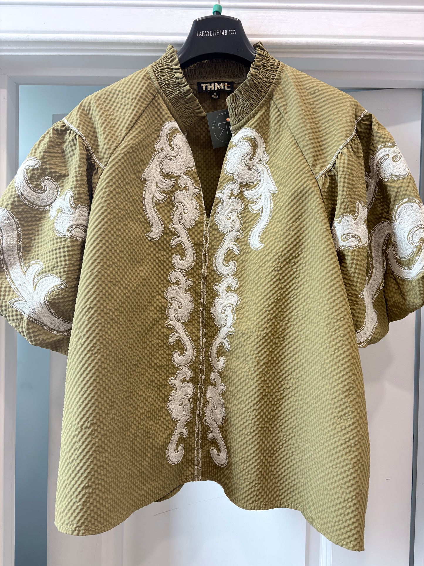 Olive  THML Short Sleeve Blouse  Puff sleeve/Embroidered, XL
