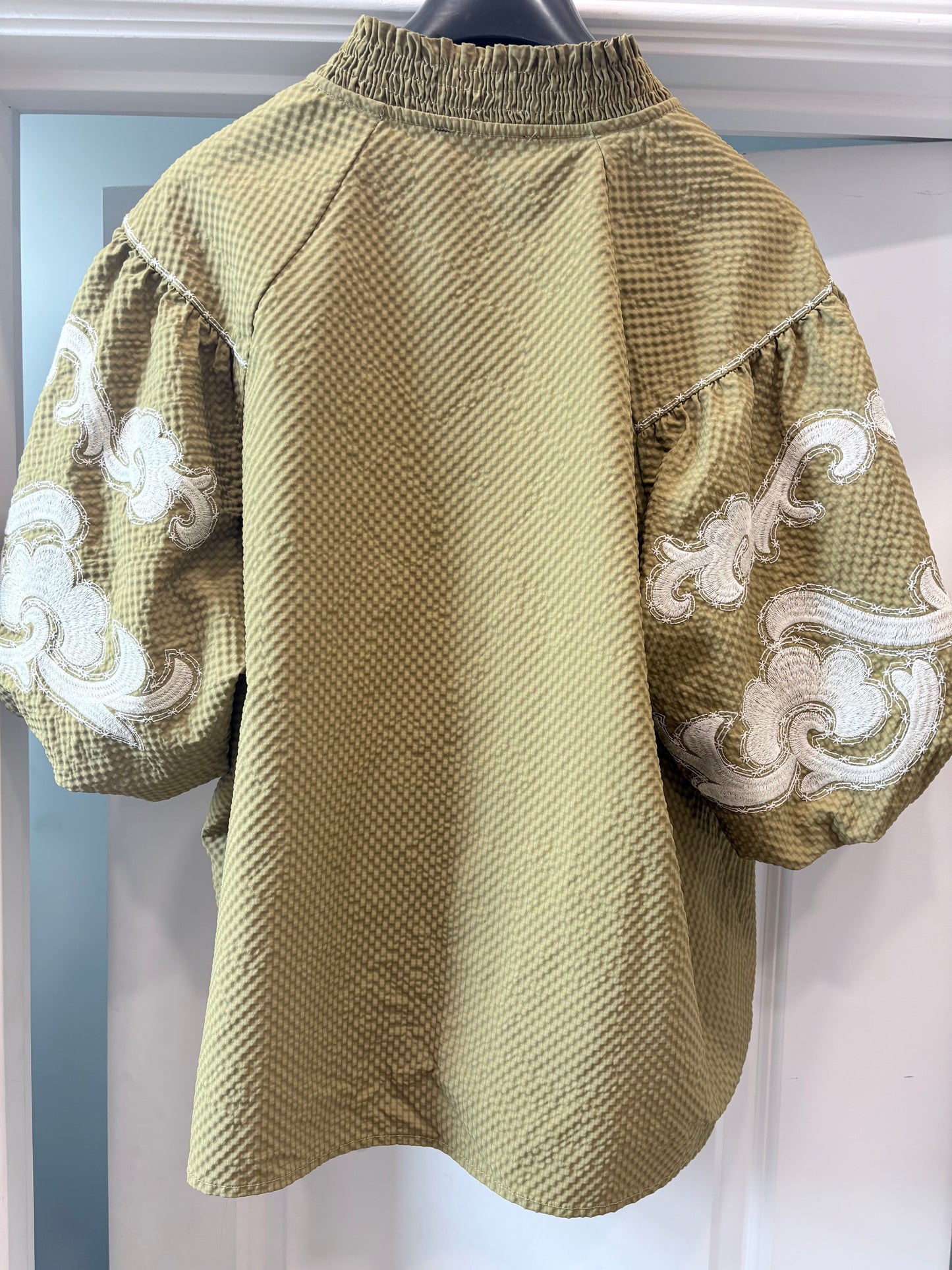 Olive  THML Short Sleeve Blouse  Puff sleeve/Embroidered, XL