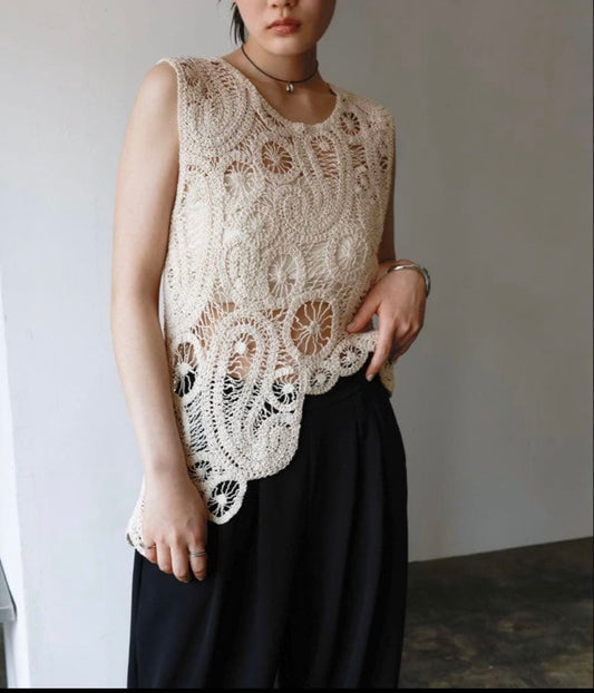Cream Rebellion Again Sleeveless top NWT crochet asymetrical, M
