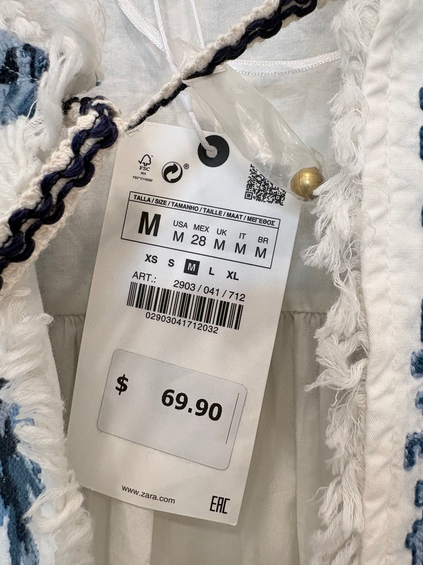 White/Blue  Zara  Blouse  NWT, Embroidered , M