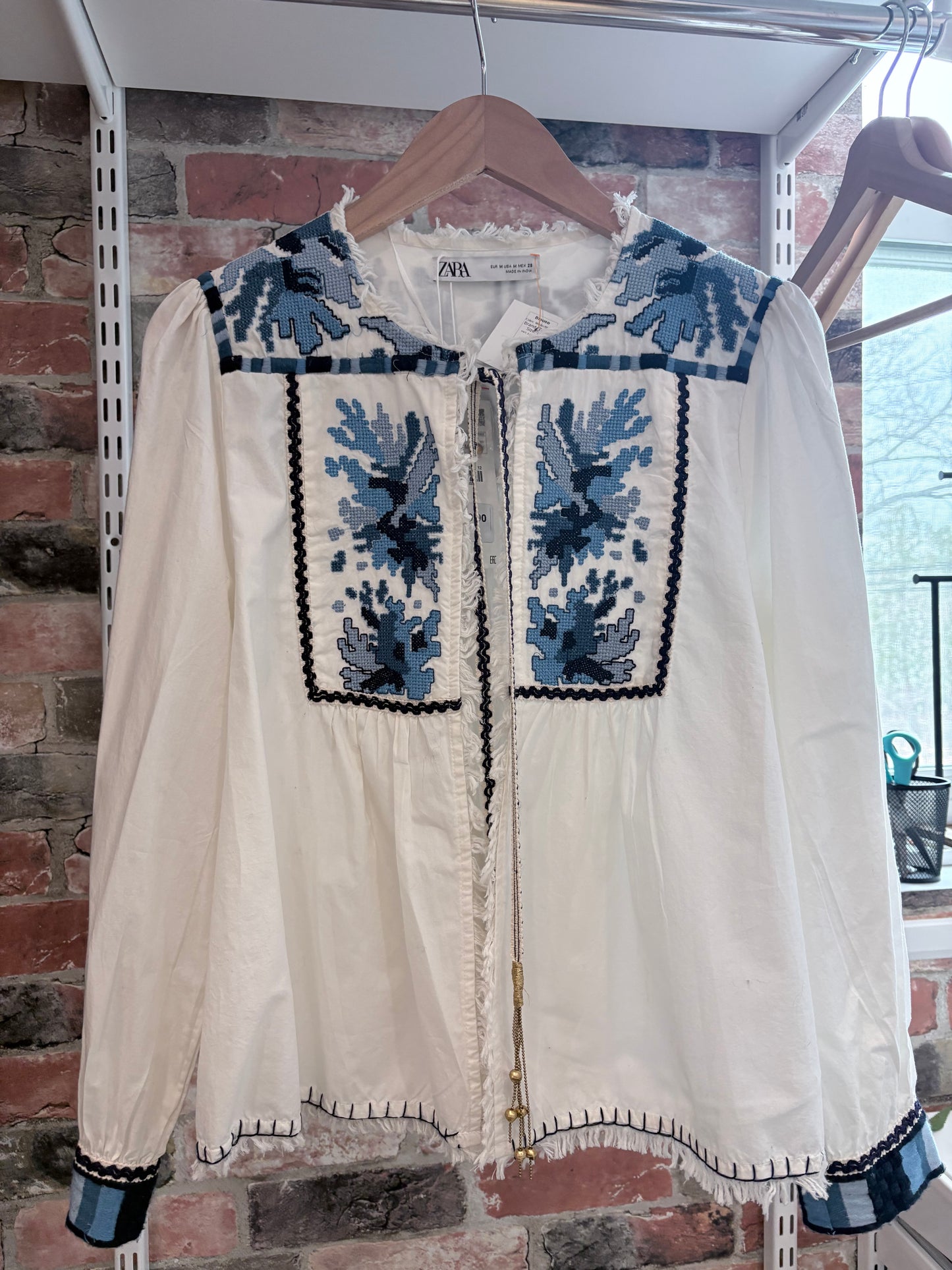 White/Blue  Zara  Blouse  NWT, Embroidered , M