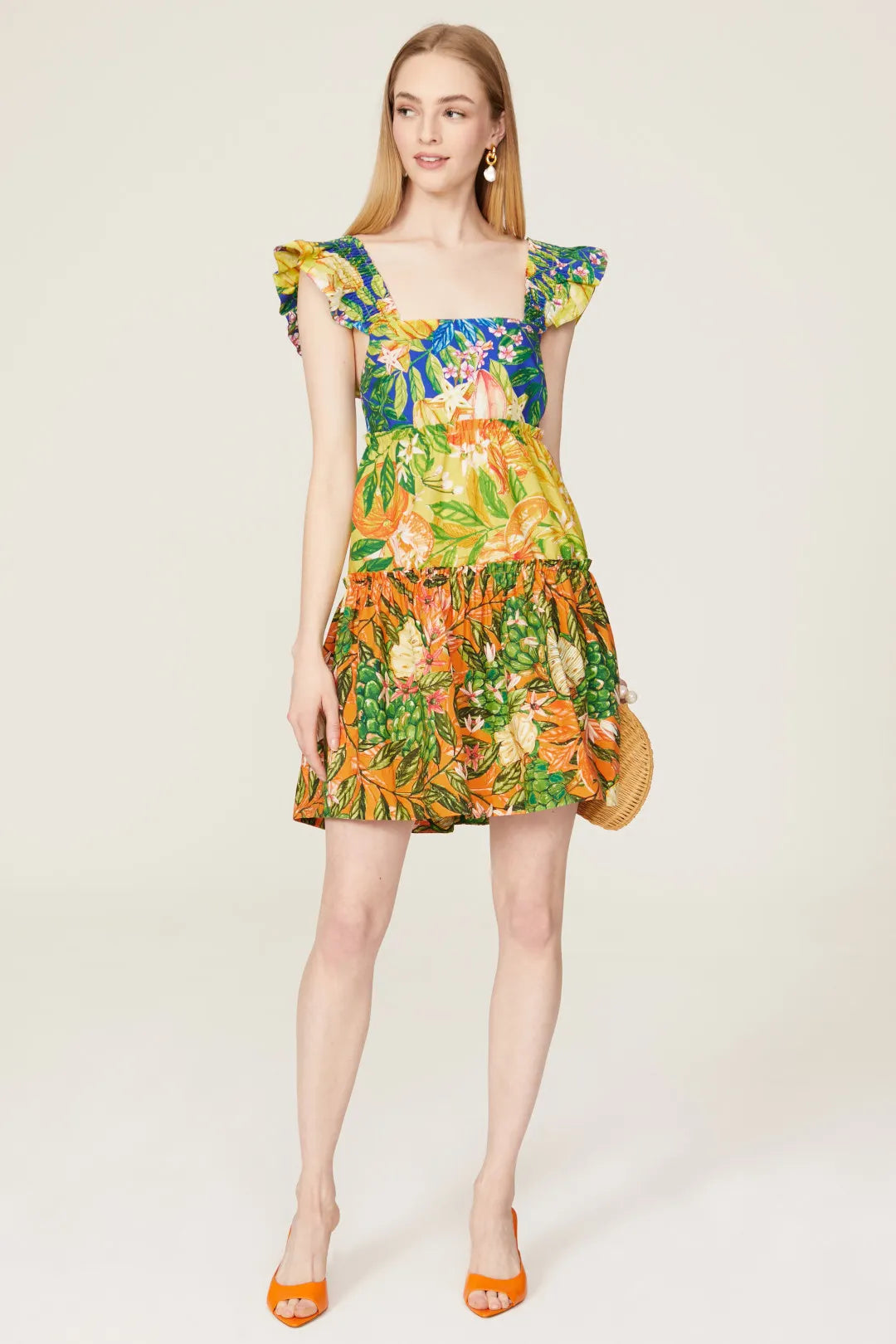 Orange Multi   Farm Rio Dress Tiered mini, Fruit print , xl