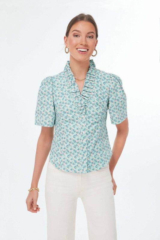 Blue/Pink Floral Hyacinth House Short Sleeve Blouse , xs