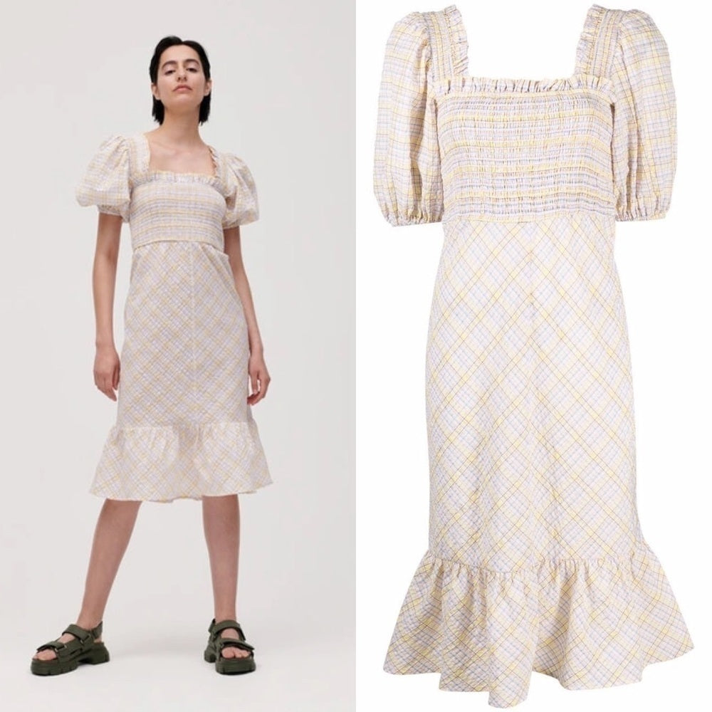 Pastel Plaid  GANNI  Dress NWT, Smocked , s
