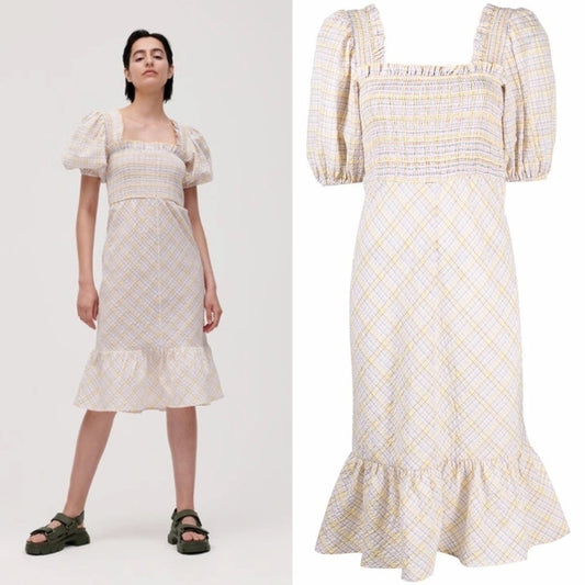 Pastel Plaid  GANNI  Dress NWT, Smocked , s