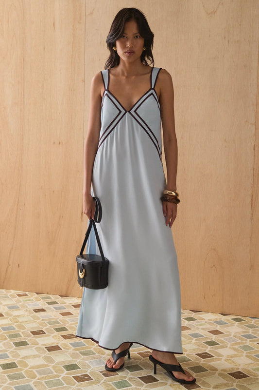 Powder Blue SANCIA Dress Brown Trim, NWT, M