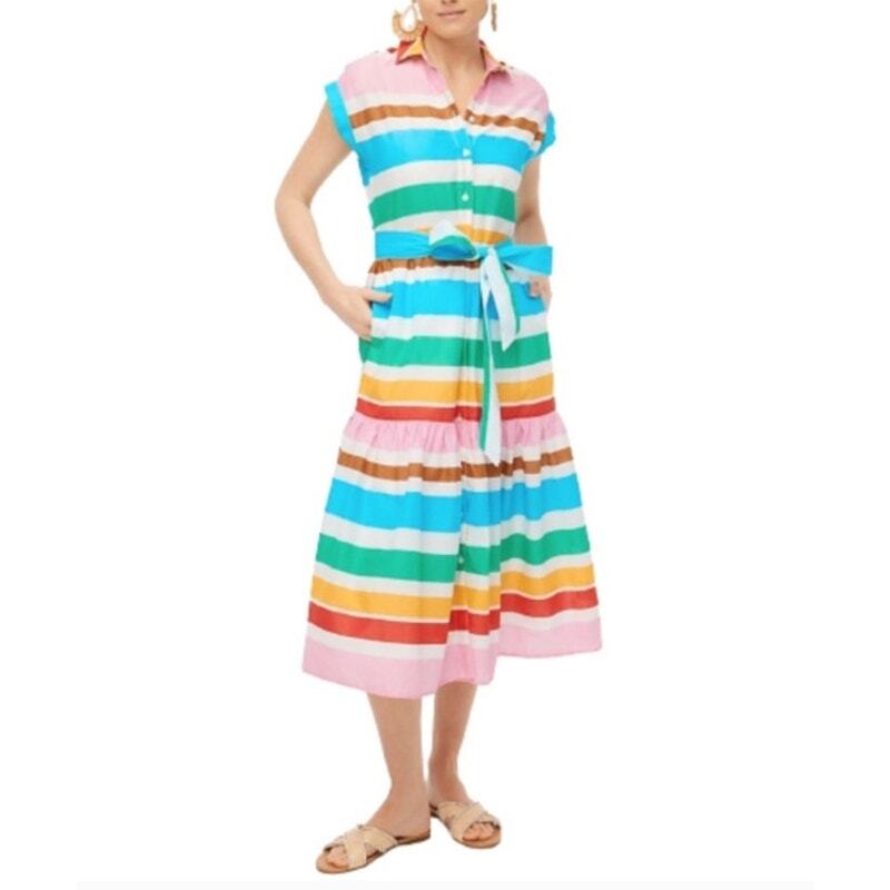 Multi J. Crew Factory Dress Short Sleeve Button Front w/ Belt Multi Stripe, 4P