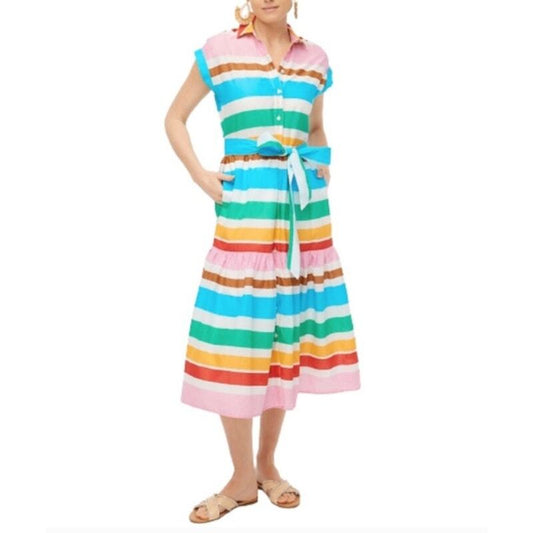 Multi J. Crew Factory Dress Short Sleeve Button Front w/ Belt Multi Stripe, 4P