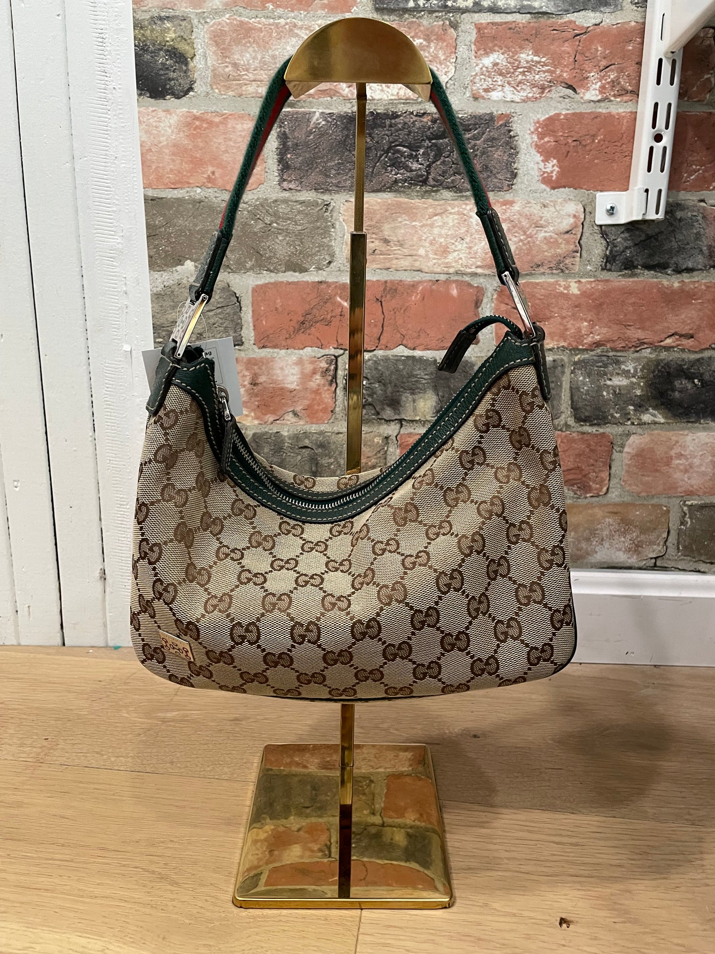 Brn GG monogram Gucci  Handbag Green/Red Pop Shoulder bag w web strap- W/COA