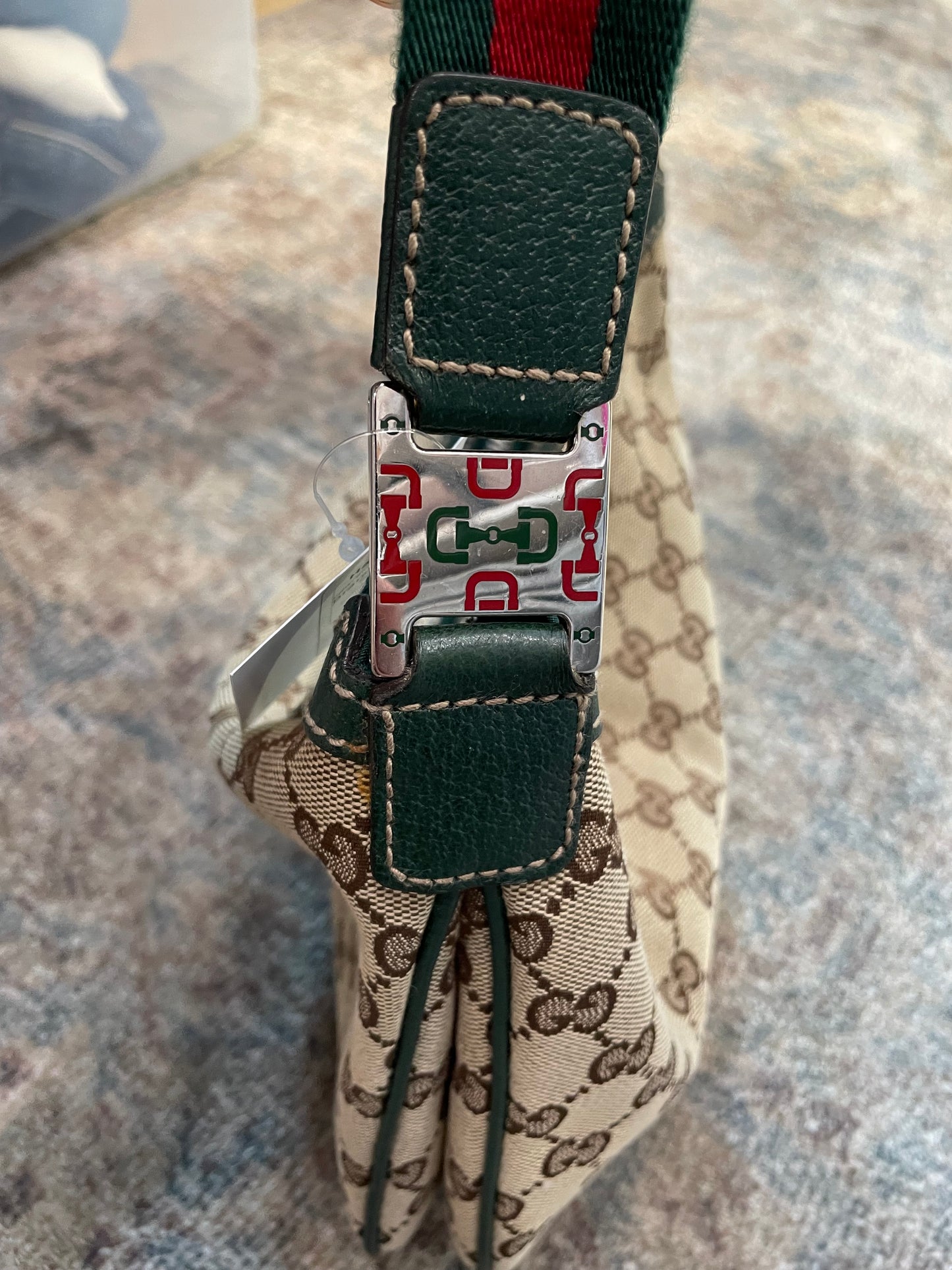 Brn GG monogram Gucci  Handbag Green/Red Pop Shoulder bag w web strap- W/COA