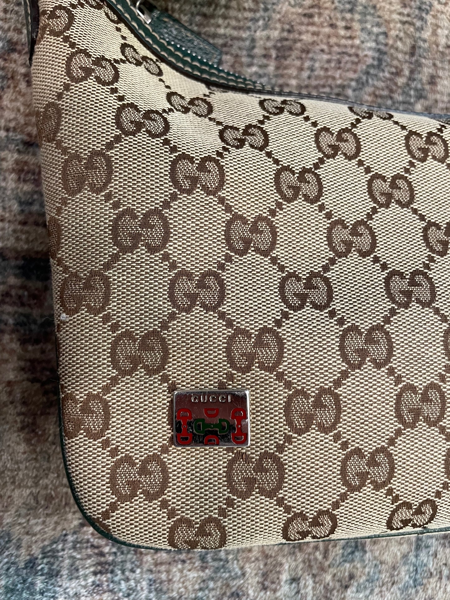 Brn GG monogram Gucci  Handbag Green/Red Pop Shoulder bag w web strap- W/COA