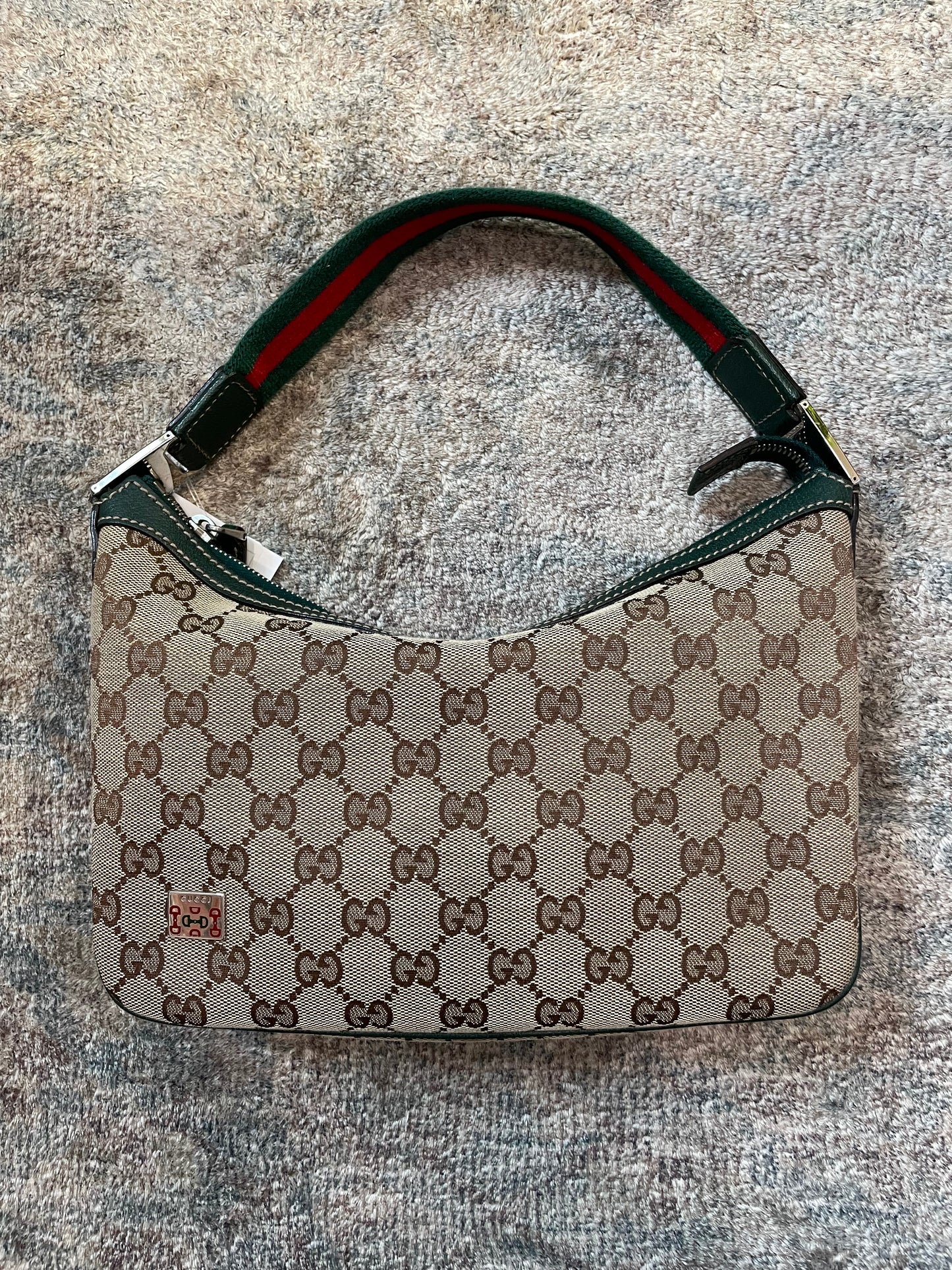 Brn GG monogram Gucci  Handbag Green/Red Pop Shoulder bag w web strap- W/COA