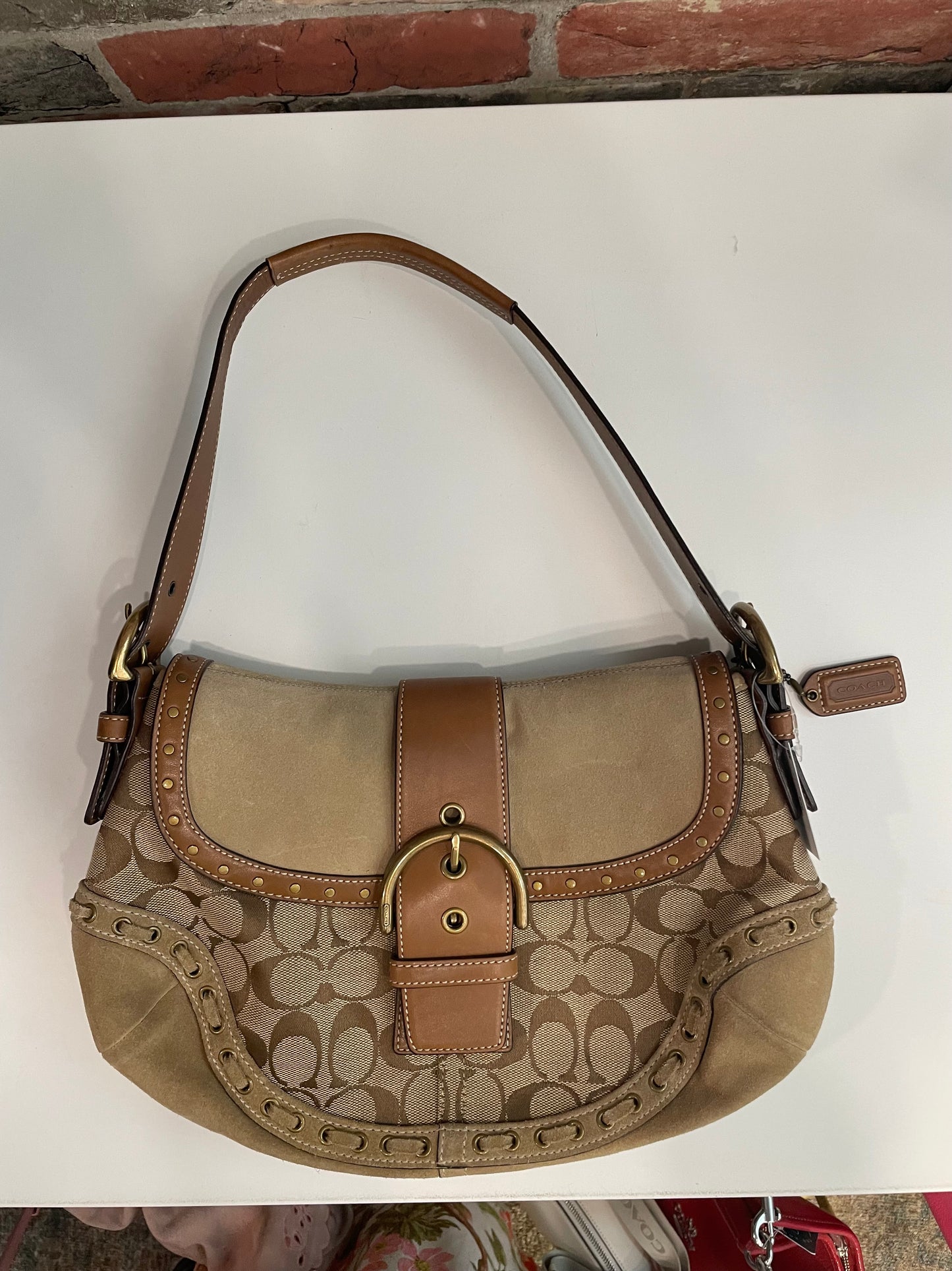 Tan Coach Bag Vintage Stitch Suede , OS