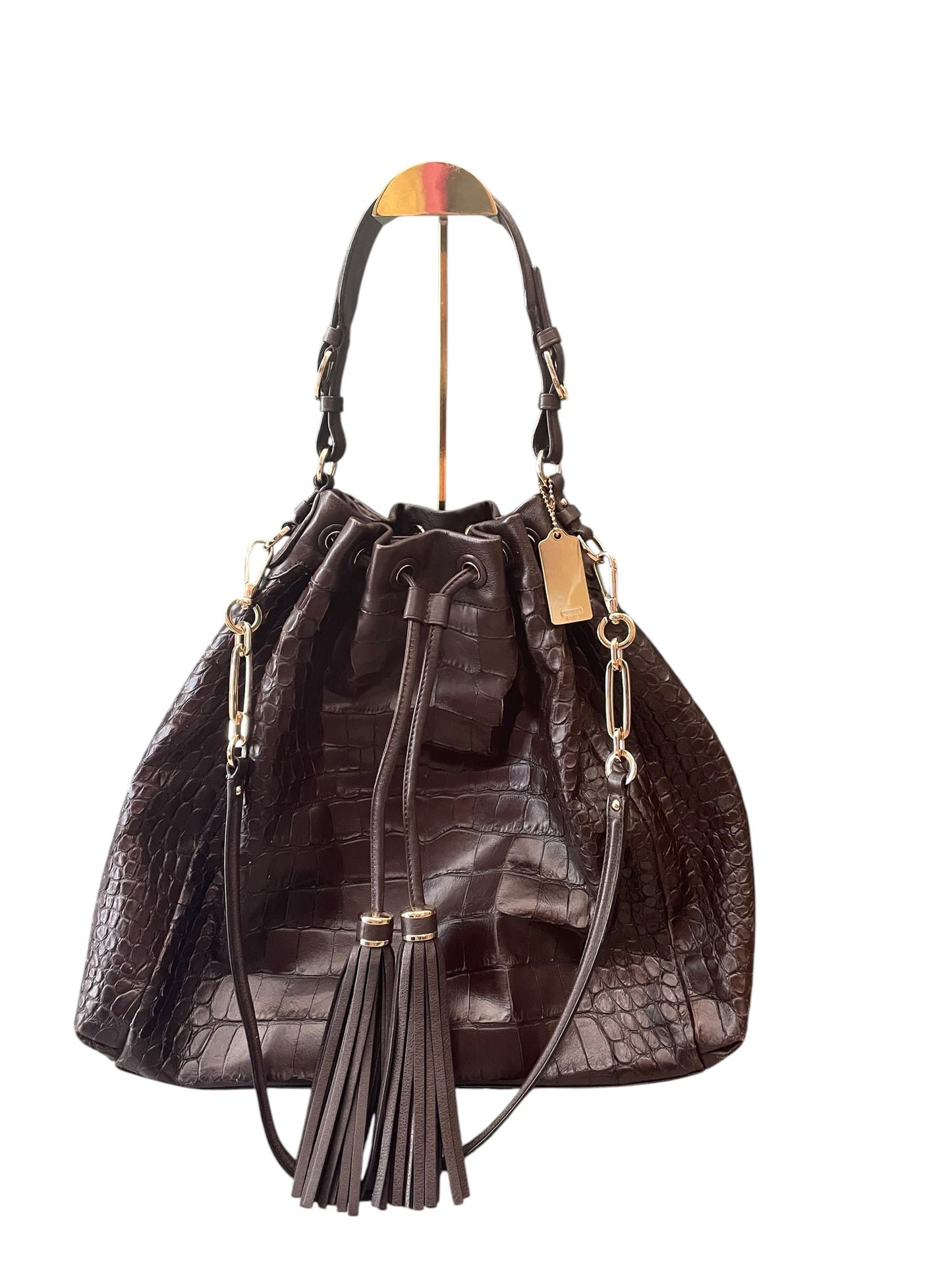 Brown, Embossed Coach  Handbag Hobo Croc, Large Drawstring