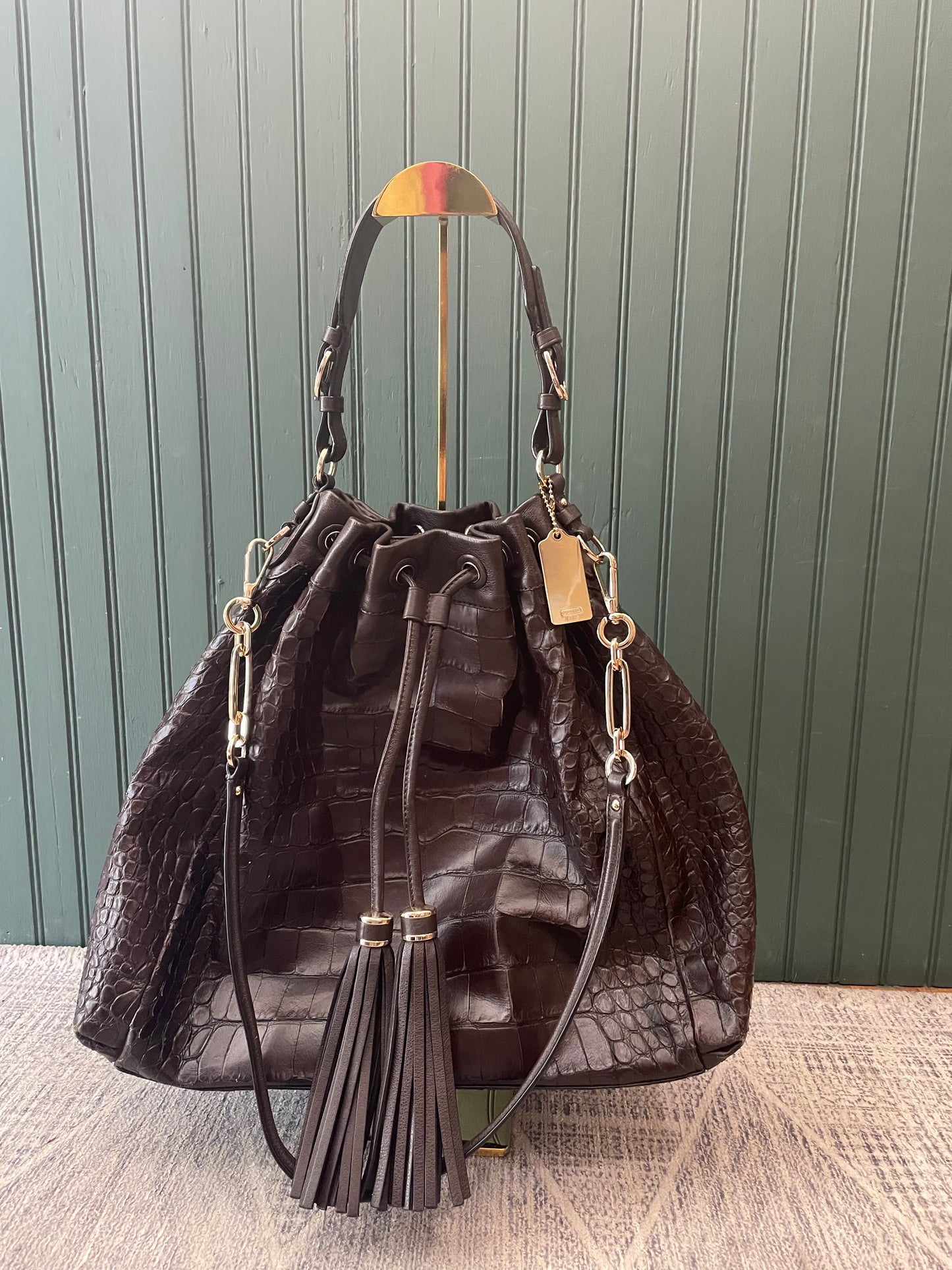 Brown, Embossed Coach  Handbag Hobo Croc, Large Drawstring