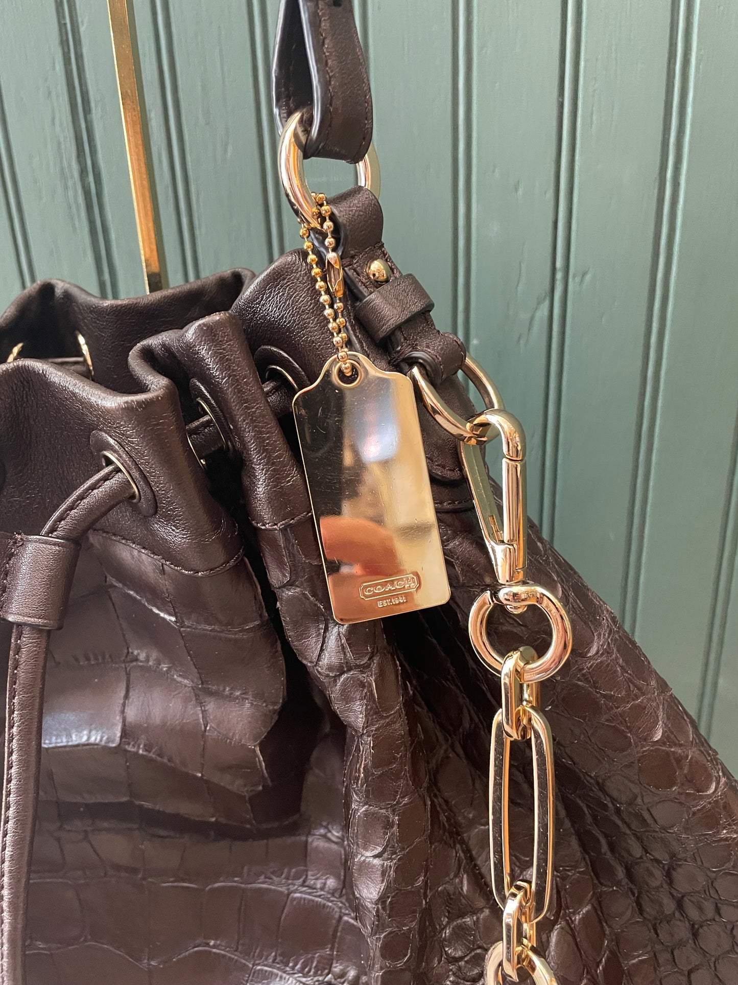 Brown, Embossed Coach  Handbag Hobo Croc, Large Drawstring