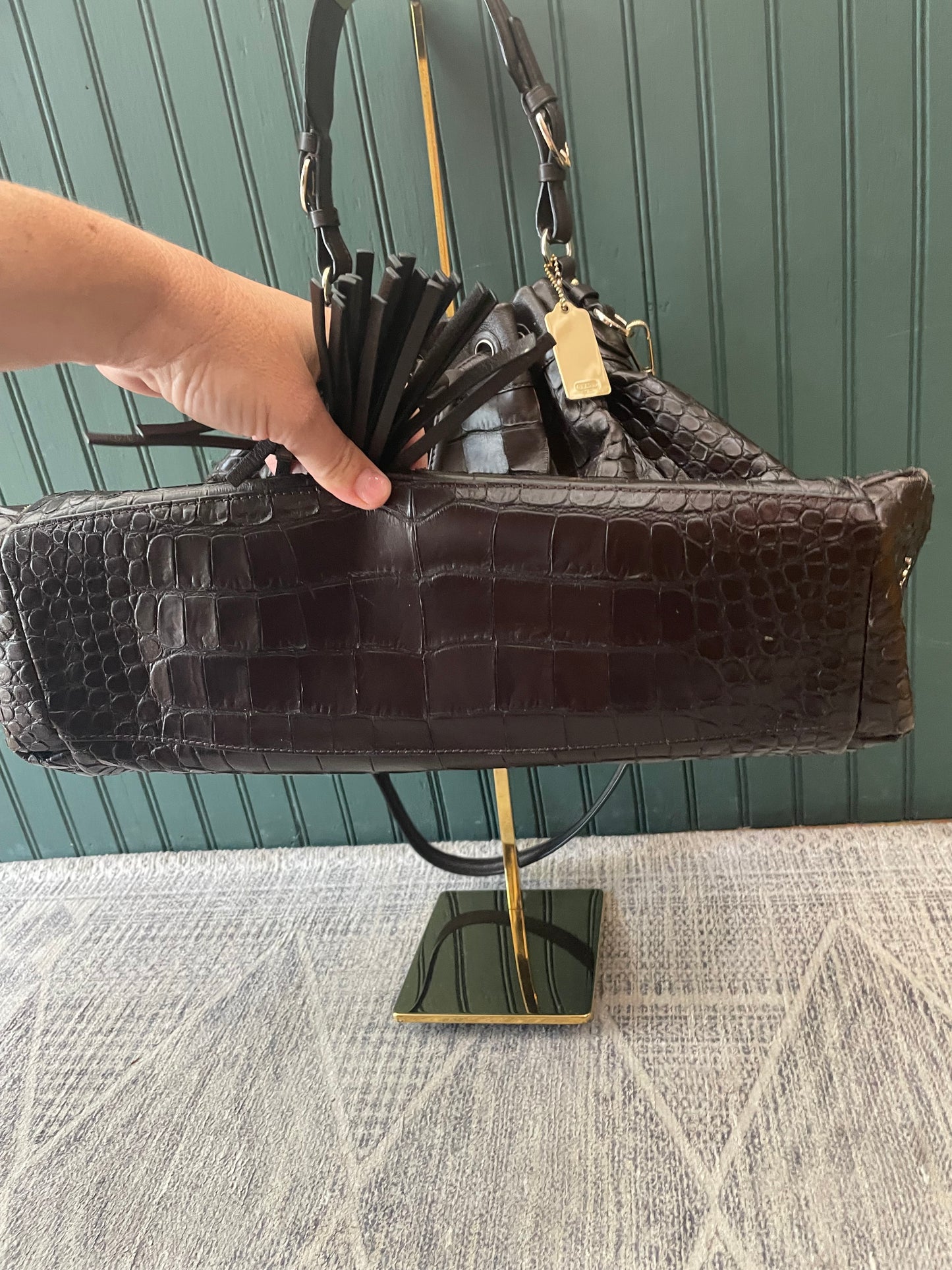 Brown, Embossed Coach  Handbag Hobo Croc, Large Drawstring
