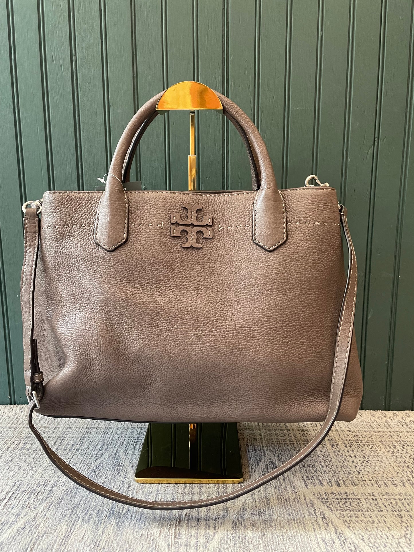Taupe, Pebbled Tory Burch Handbag Top handle McGraw Satchel