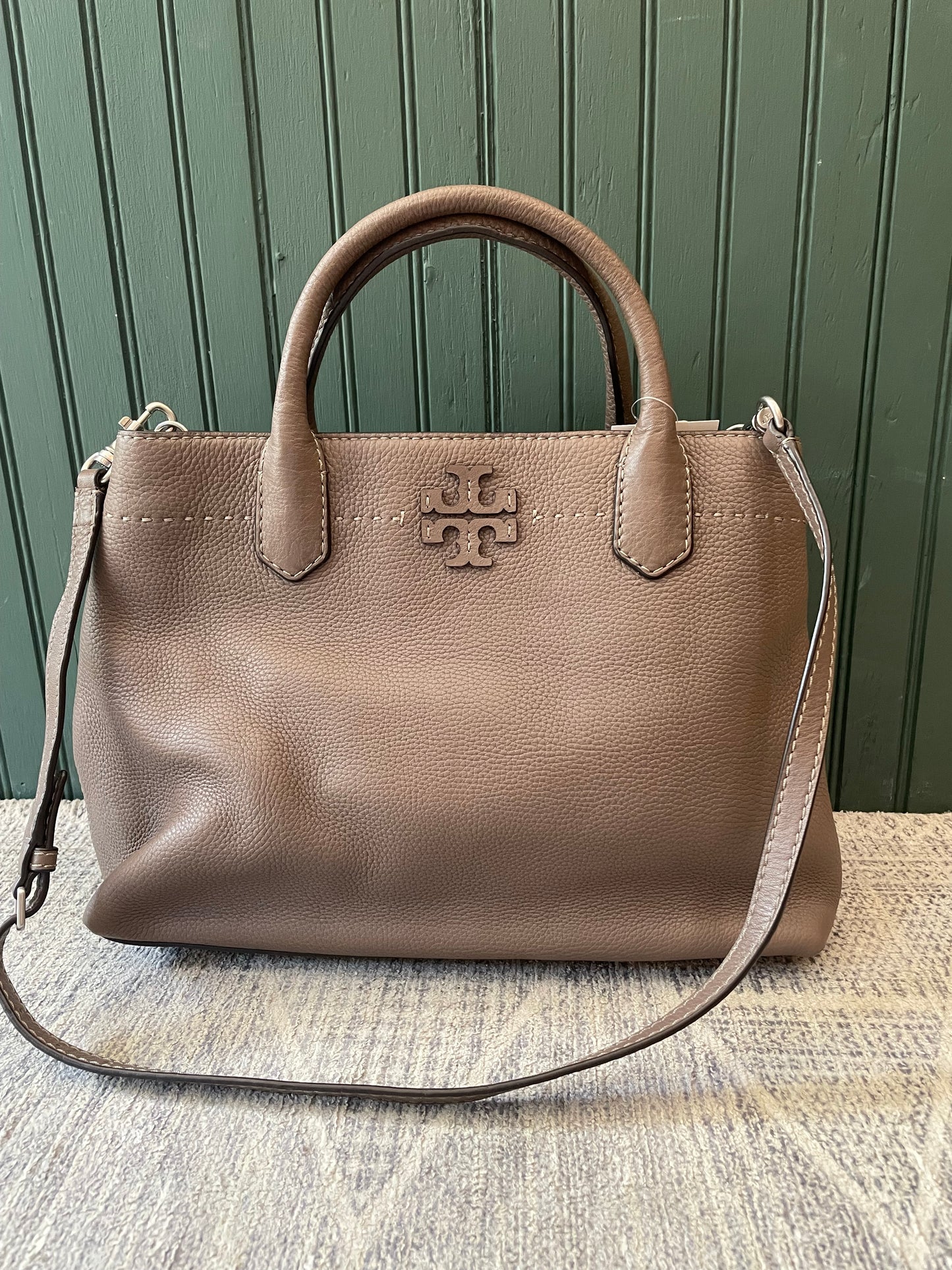 Taupe, Pebbled Tory Burch Handbag Top handle McGraw Satchel