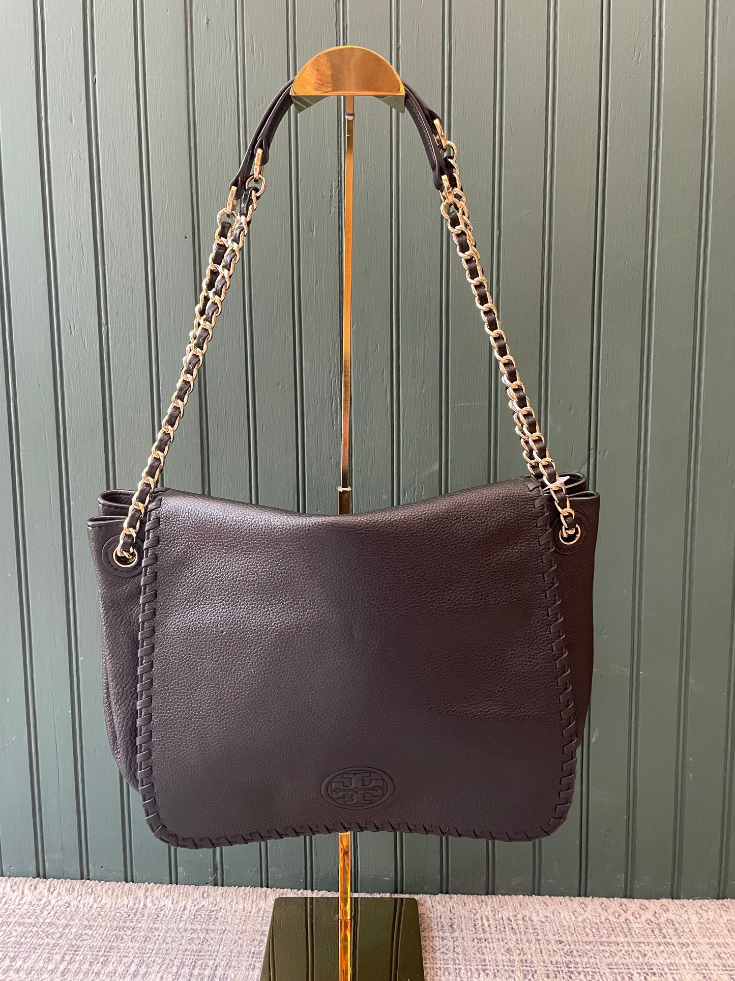 Black, Pebbled  Tory Burch  Handbag Gold chain, "Marion Flap"