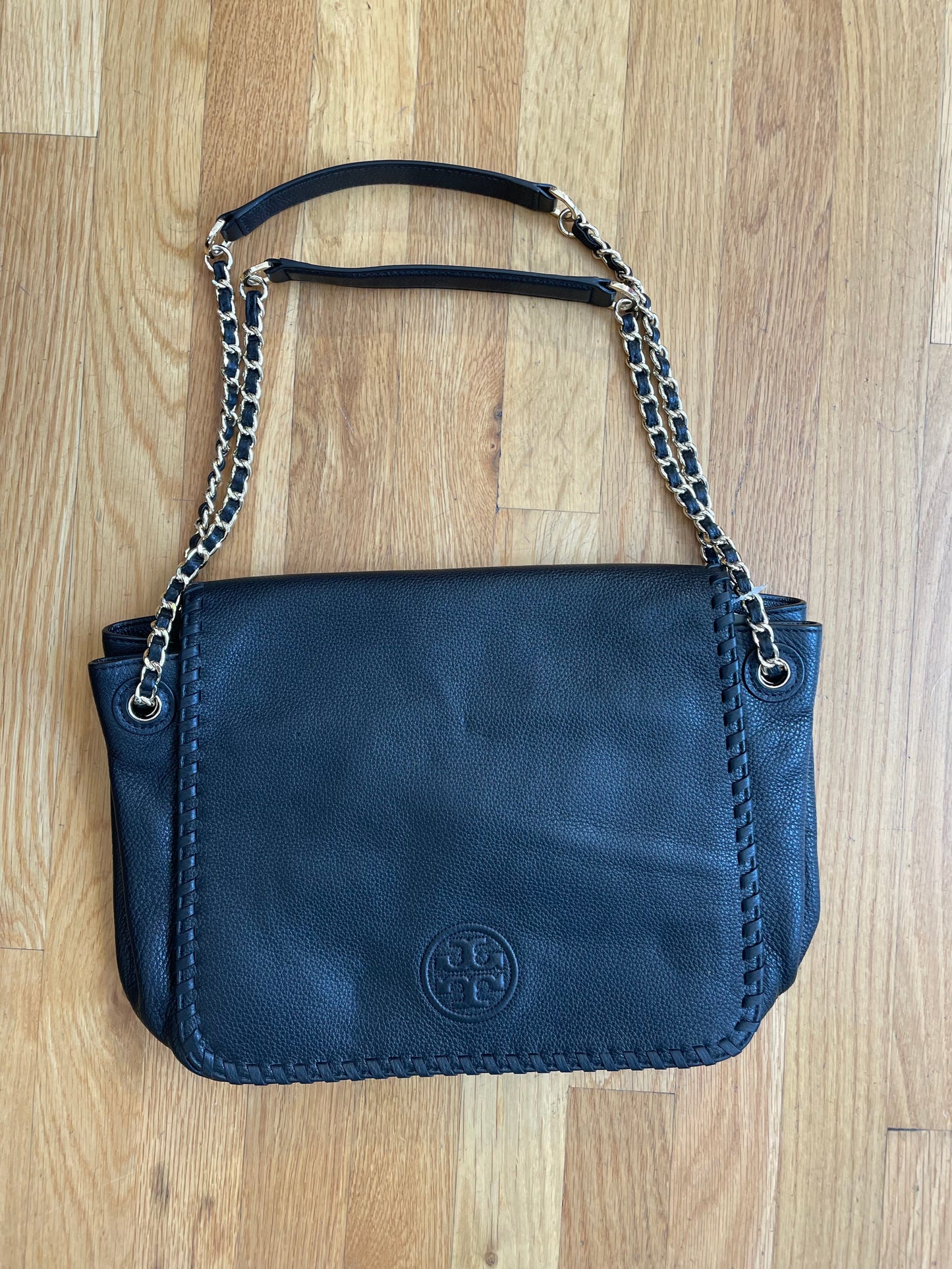 Black, Pebbled  Tory Burch  Handbag Gold chain, "Marion Flap"