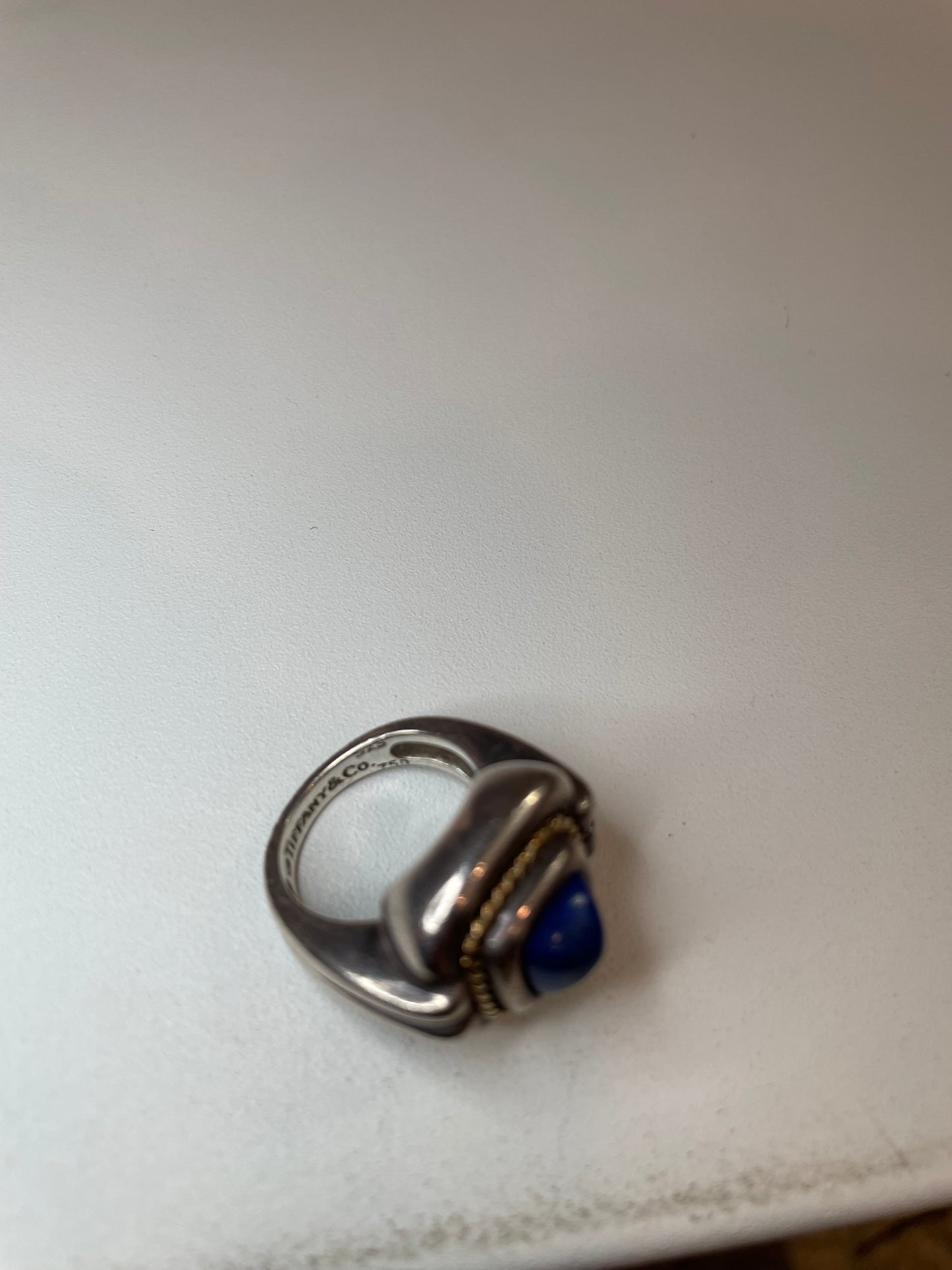 Sterling/Gold/Lapis Tiffany & Co. Ring As Is: Lightly Loose Lapis Lazuli Signet Ring circa 1980/90's, 4.25